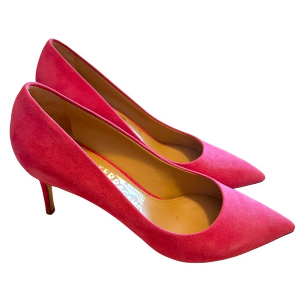 Salvatore Ferragamo Hot Pink 🔥 Suede Pumps Size 7.5 Kitten Heel Pointy toe - Picture 4 of 16